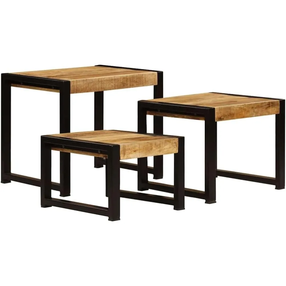 مجموعة طاولات متداخلة من خشب المانجو العتيق مكونة من 3 قطع بتصميم قابل للتكديس، ولمسات سوداء لاستخدام غرفة المعيشة #4