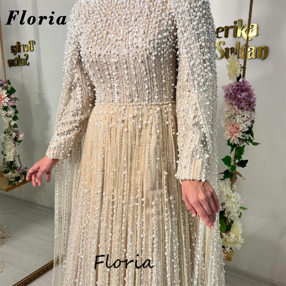 Champagner-Abendkleider mit schweren Perlen und Perlen, maßgeschneidert, 2025, muslimisches Cape, lange Ärmel, Geburtstagsparty-Kleider, Abschlussball-Empfangskleid