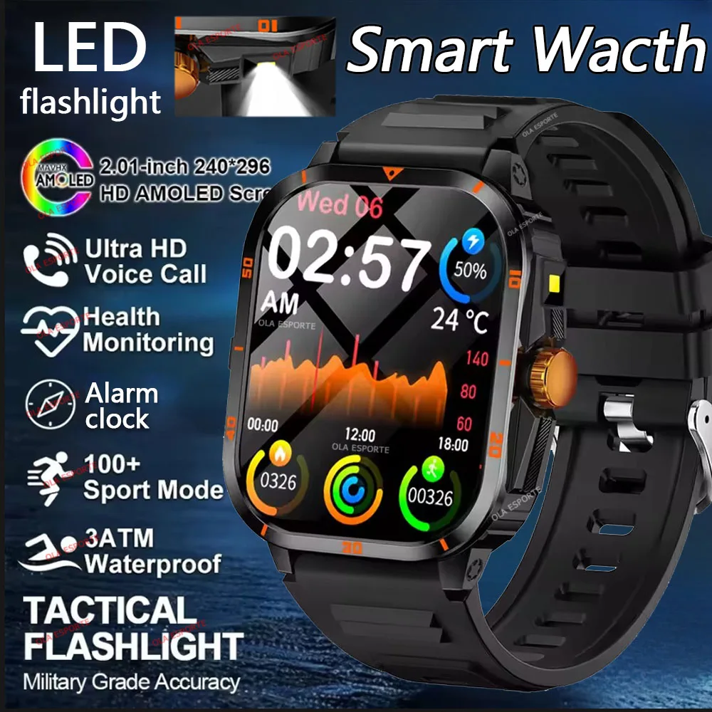 

2025 New GPS Tracking Smart Watch LED Flashlight 2.01 Inch HD Screen Compass BT Call Waterproof Sport Smartwatch For Android iOS