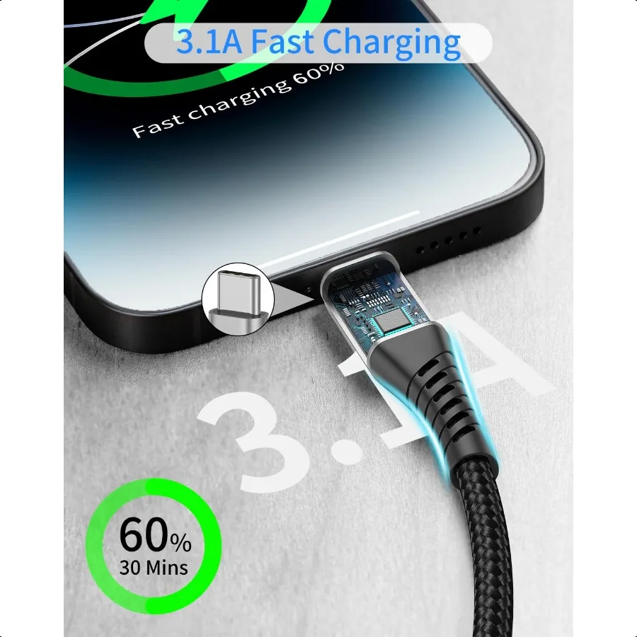 6-дюймовый короткий кабель USB C для быстрой зарядки, 2 упаковки, кабель USB A — USB C длиной 0,5 фута, короткий кабель USBC, плетеный кабель USB типа C 3A для iPhone