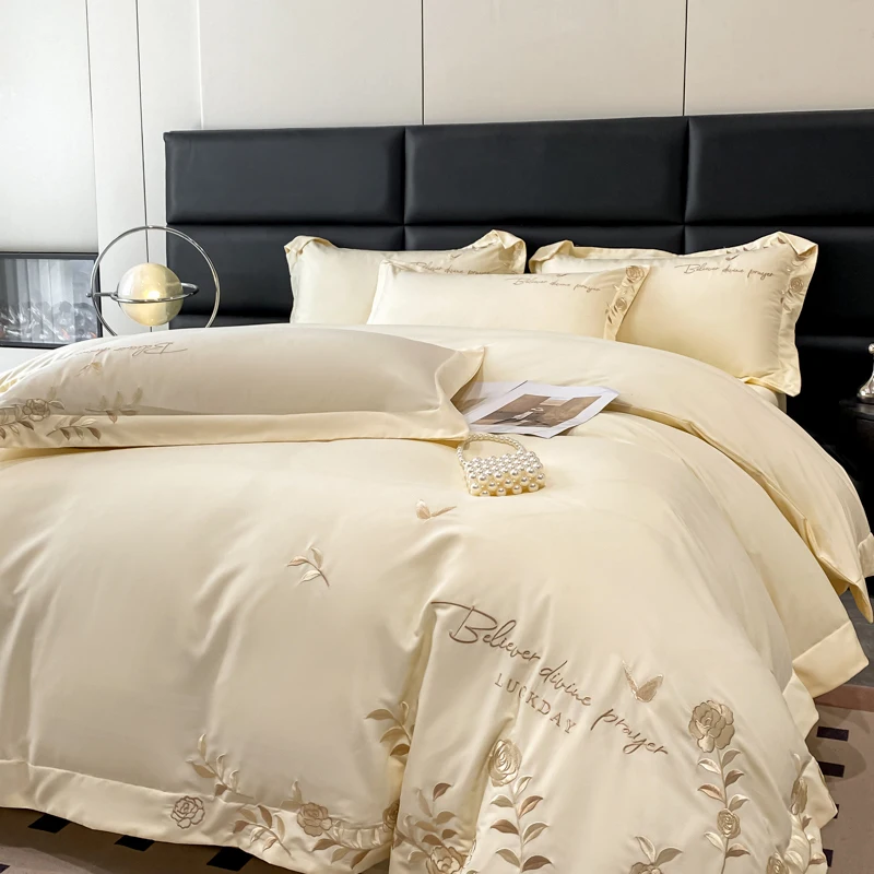 

Golden Flowers Sea Embroidery Bedding Set Luxury Beige Cotton Duvet Cover Flat or Fitted Bed Sheet Pillowcases Solid Color