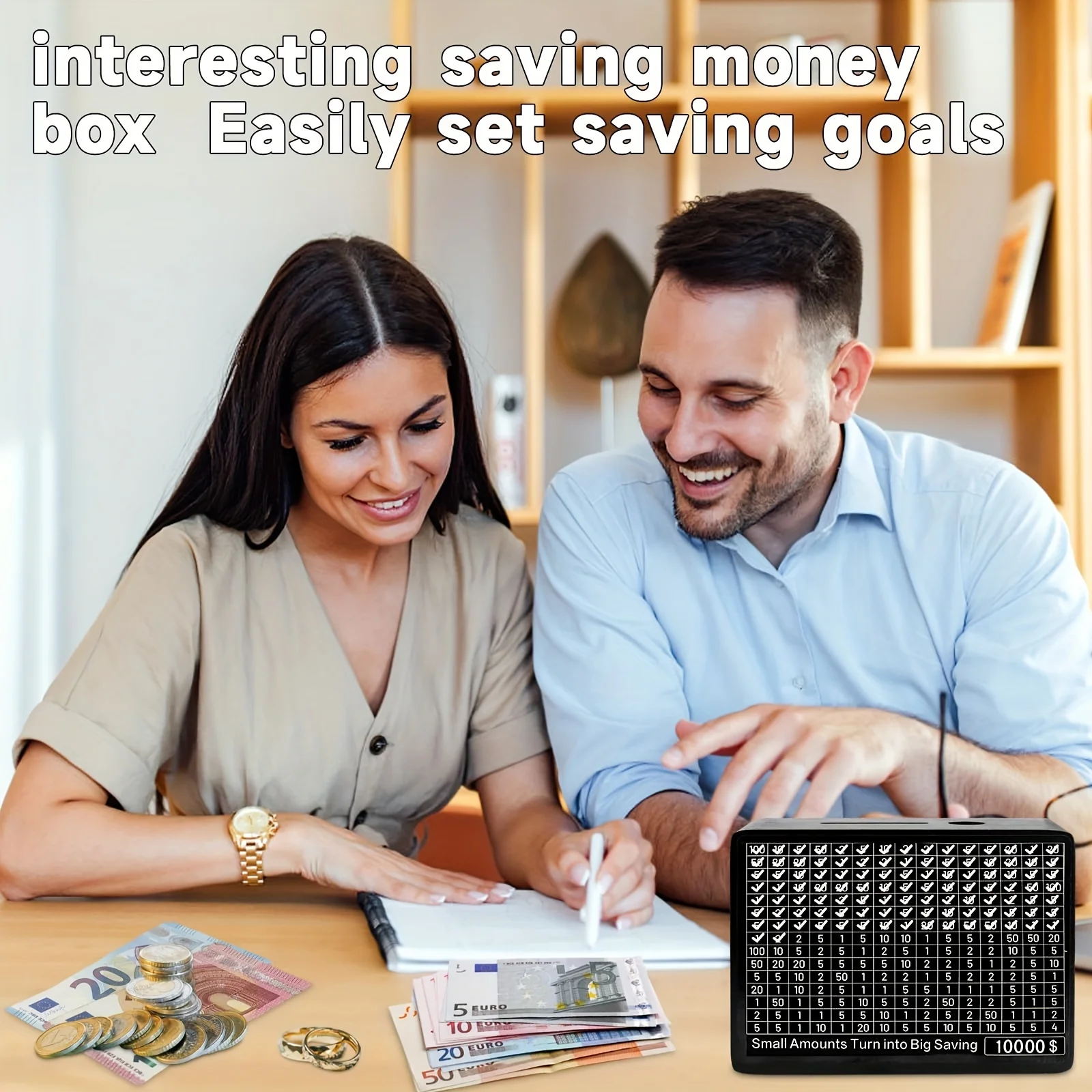 1Pc Wooden Money Saving Challenge Box with Reusable Labels & Coin Pouch, Portable Cash Storage Box for Home Use