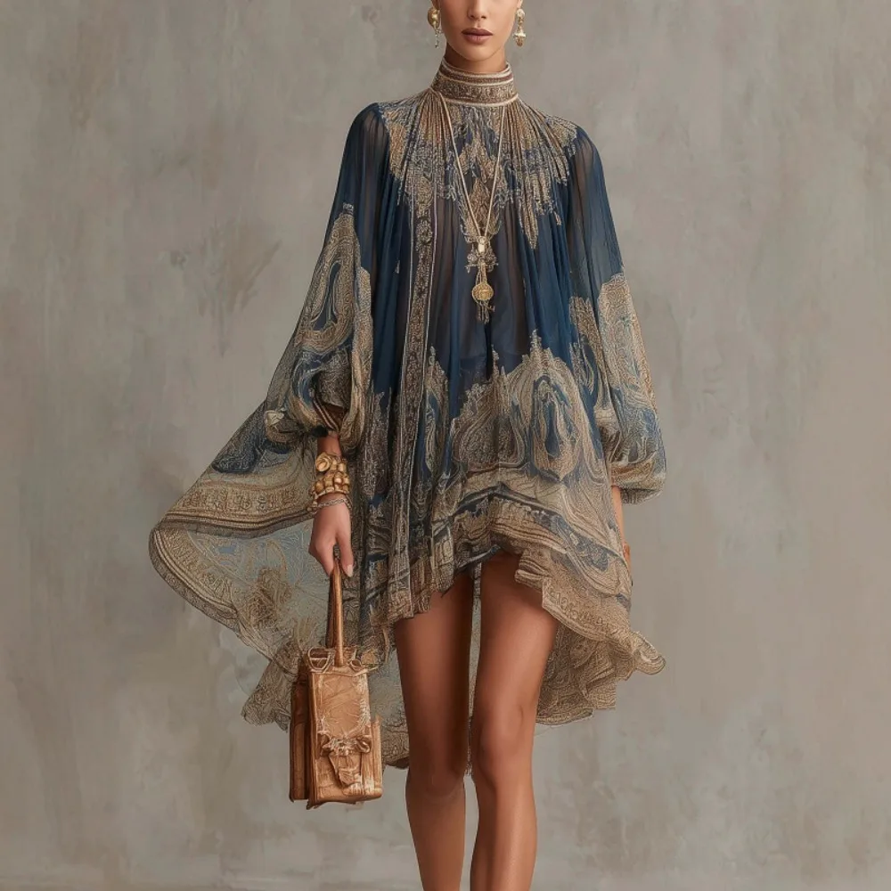 Women High Neck Print Loose Shawl Sleeve Dress Casual 2026 Soft Flowy Daily Vacation Beach Resort Party Elegant New