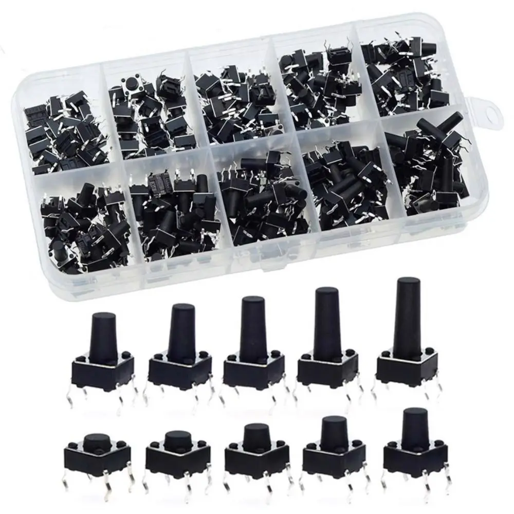 200pcs Universal 6*6 Size Key Switch Kit Tactile 12V Micro Switch PCB Mixed Touch Buttons Universal Switch Electronic Projects