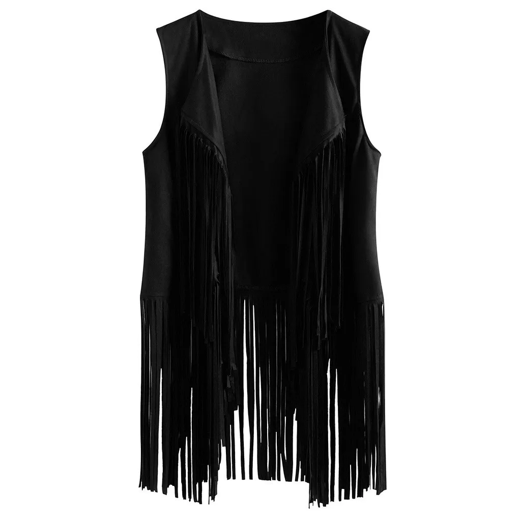 

Sleeveless Women Ethnic Fringed Tassels Lapel Vest Cardigan Top Casual Plus Size Coat Fashion Tassels Casual Solid Vest Cardigan