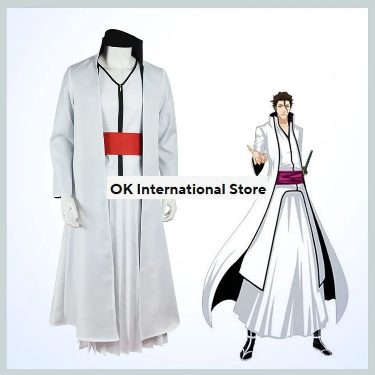 Anime Bleach Shinigami Aizen Sousuke Cosplay Costume Gotei 13 Captain Wig White Cape Japanese Kendo Costume Man Halloween Suit