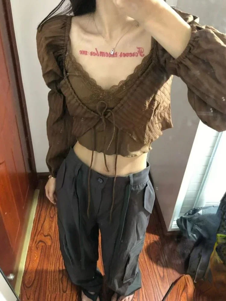 Y2k Aesthetic Fashion Two Piece Set Preppy Style Bandage Shirt + Streetwear Lace Patchwork Crop Top Vest 2 Suits Summer