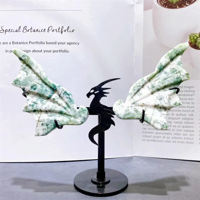 

Natural Moss Agate Dragon Wings With Stand Energy Gemstone Healing Crystal Stone Home Decoration Gift 1pair