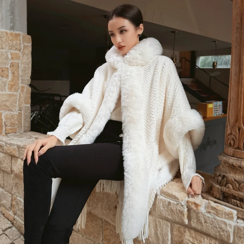 أزياء فرنسية أنيقة أوف وايت فو الثعلب الفراء طوق معطف طويل جاكيتات سميكة الدافئة شرابة أفخم كيب عباءة للنساء الشتاء #6