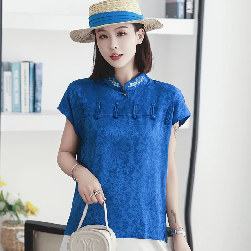 Summer Women Clothing Tops Embroidery Simulation Silk Improved Cheongsam Short Sleeve Chinese Style Plate Buckle Printed Shirt