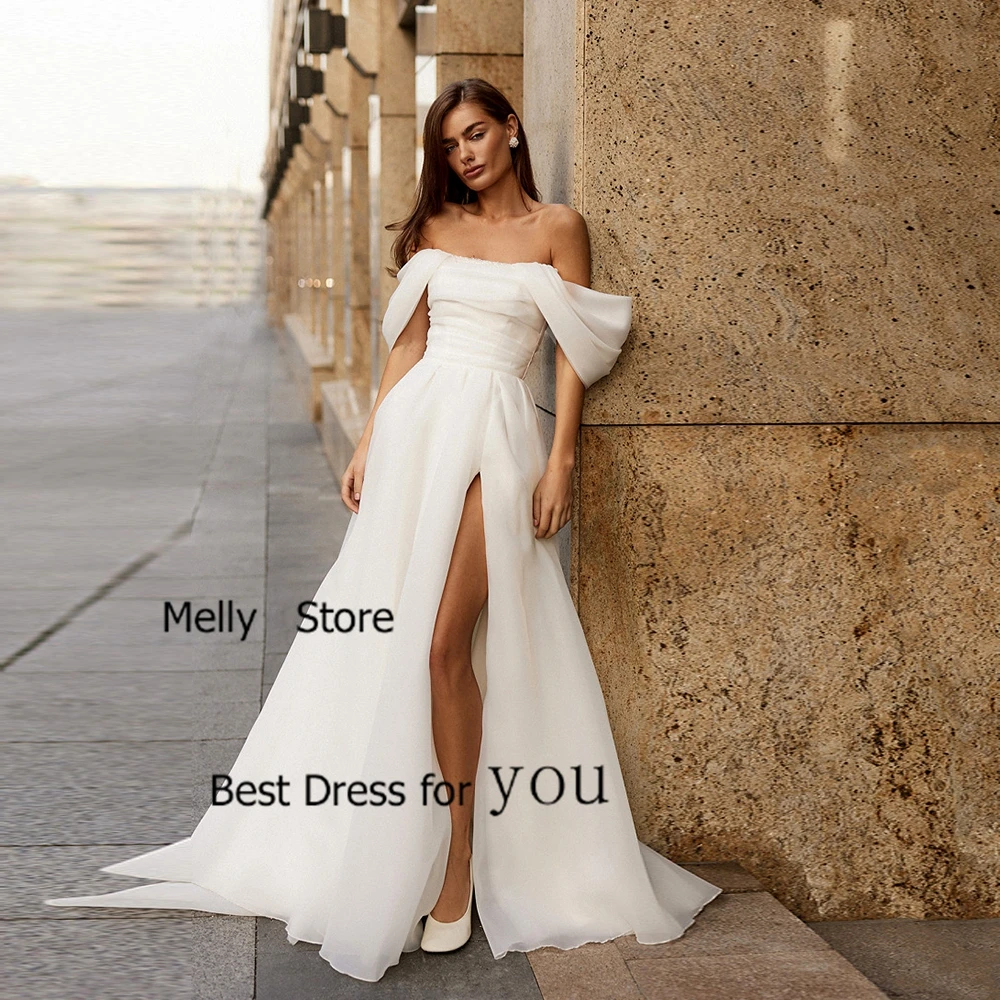 

Side Slit Off Shoulder Wedding Dresses Ivory Bridal Gowns Court Train Sleeveless New Vestido De Novia Organza New Summer