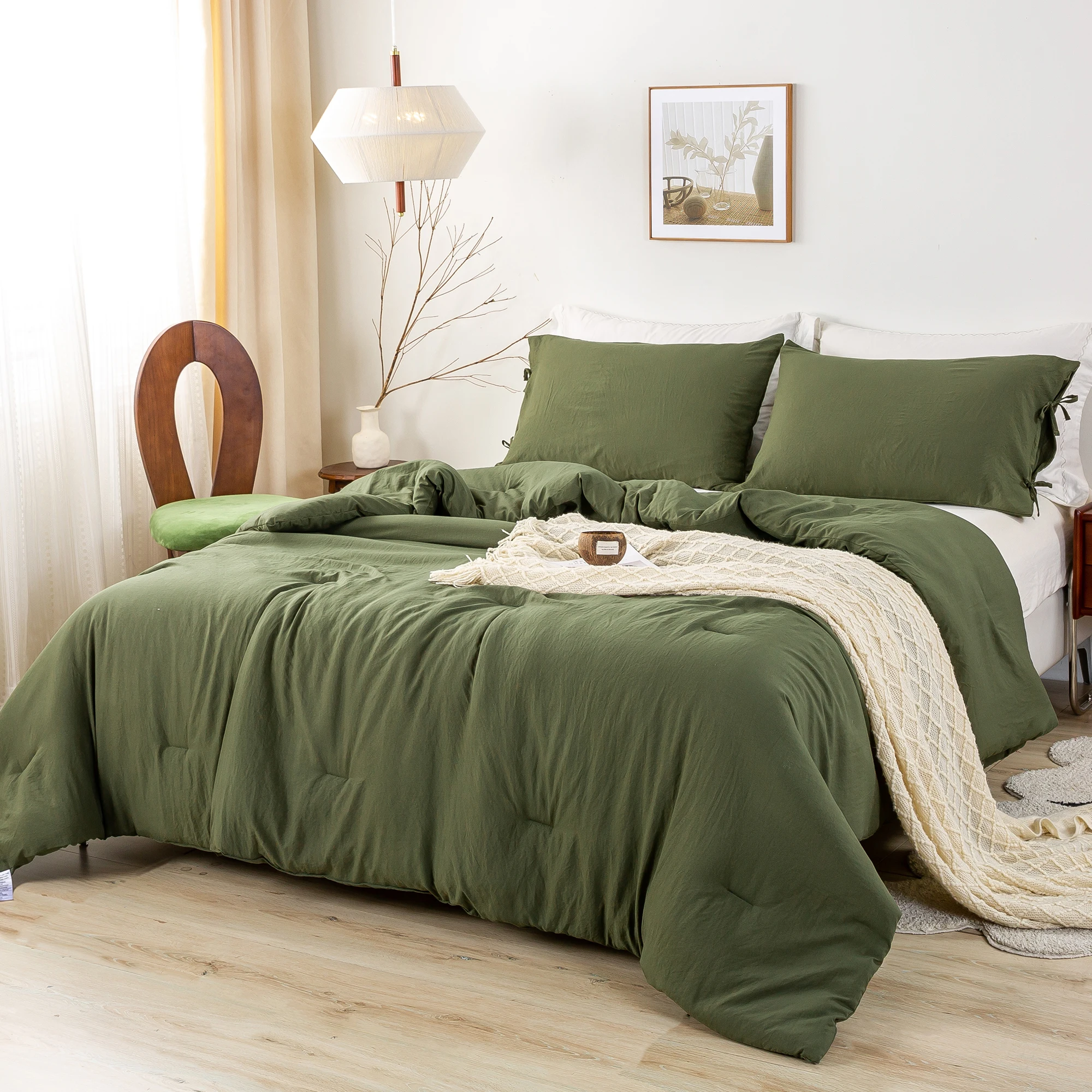 Dark Olive Green Bed Comforter King Set - Super Soft Washed Polycotton Fabric  Lightweight but Warm for All Season