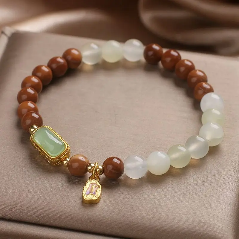 Chinese Natural Alxa Jade Stitching Bracelet Women Light Luxury Retro Exquisite Safe Nothing Brand Scripture Pattern HandString