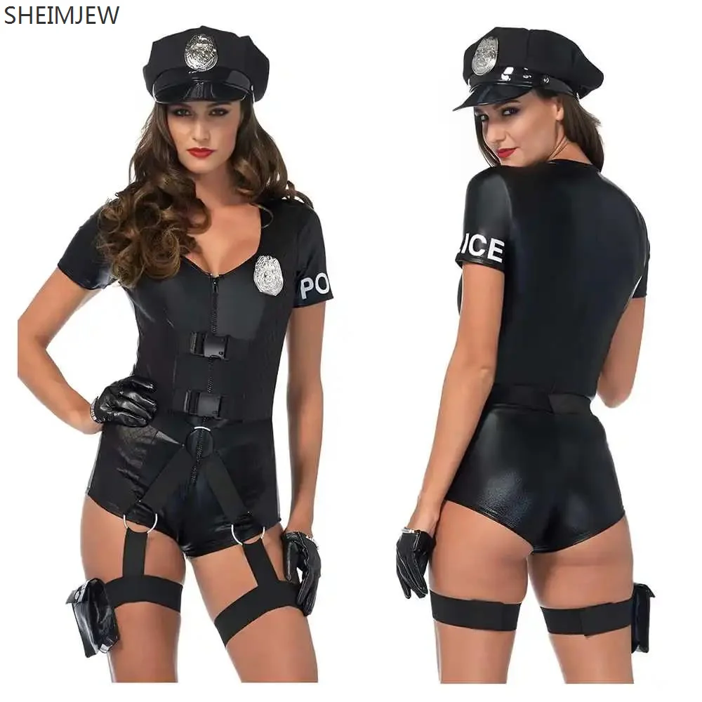 

Women's Sexy Police Roleplay Uniforms Zipper Pu Jumpsuit Halloween Policewoman Cosplay Theme Party Dress Carnival Party Dress Up