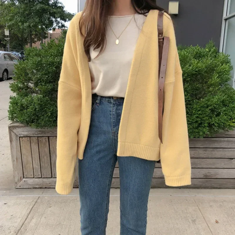 Fashion Female thicken Full Sleeve Loose Knitwear Autumn Winter Long Sweaters Cardigan Women Casual Sweater yellow Coats Outwear