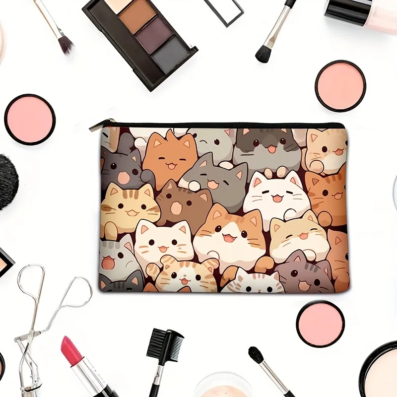 Stylish Cartoon Cat Print Clutch Bag Portable Zipper Cosmetic Bag With Linen Fabric Travel Toiletry Storage Pouch for Women