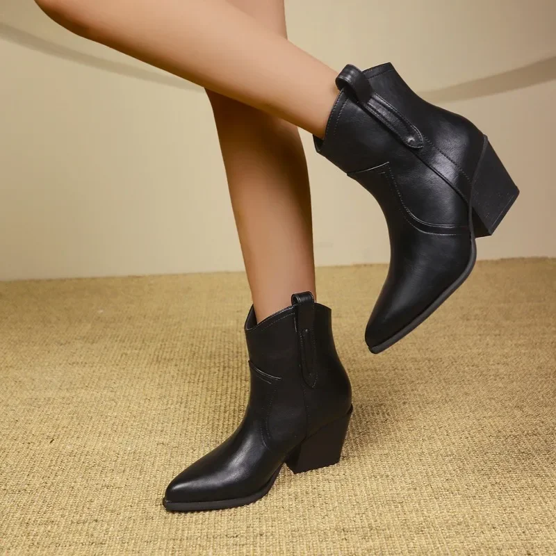 2024 Women Ankle Boots Genuine Leather Autumn Winter Short Boots Thick Heels Pointed Toe Shoes Woman Mature Basic Office Lady