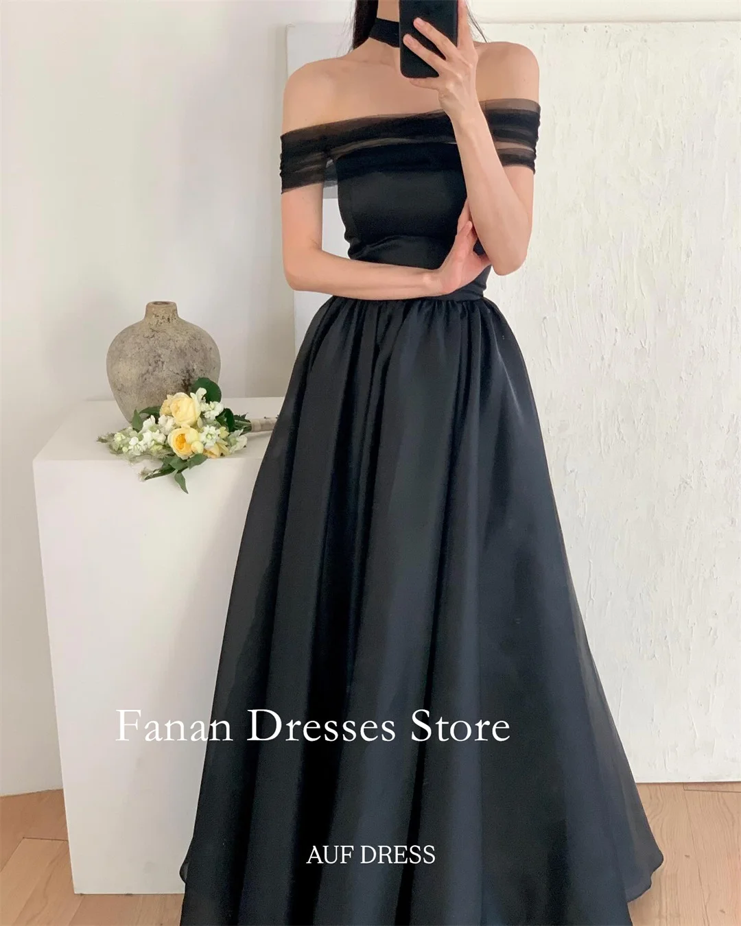 

FANAN Satin A-Line Simple Evening Party Dresses Korea Strapless Black Lace-up Wedding Women Gowns Event Prom Gowns Customized