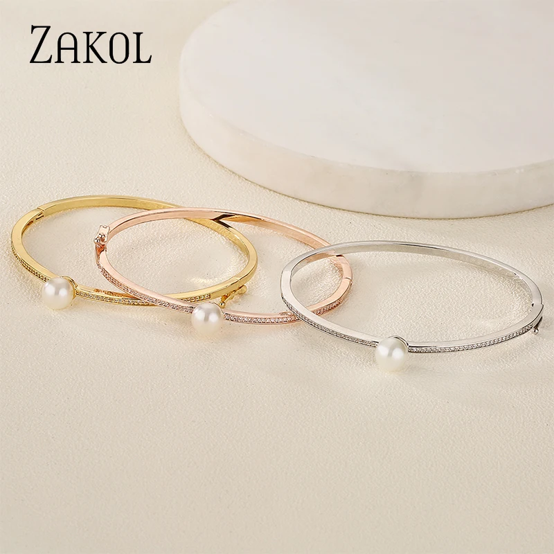 ZAKOL Simple Fashion Zircon Pearl Bangles Bracelets for Women Female Glamour Gold Color Bracelet Party Jewelry BP2233