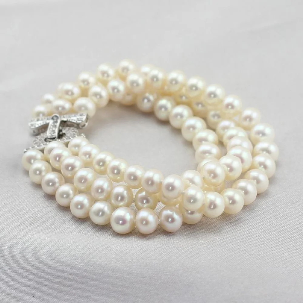 Beautiful bracelet AAAA6-7mm Japanese round pearl bracelet with multiple layers of pearls and 3 rows, 7.5-8inch