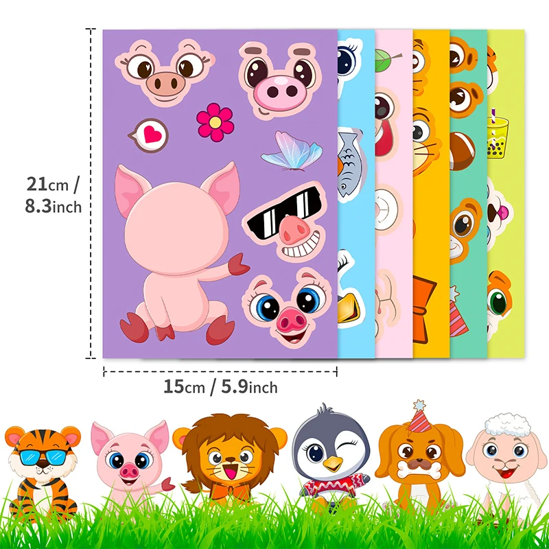 6 Sheets/Set Cartoon Animal DIY Puzzle Sticker Kids Handmade Assemble Kawaii Animal Make a Face Sticker Game Toy