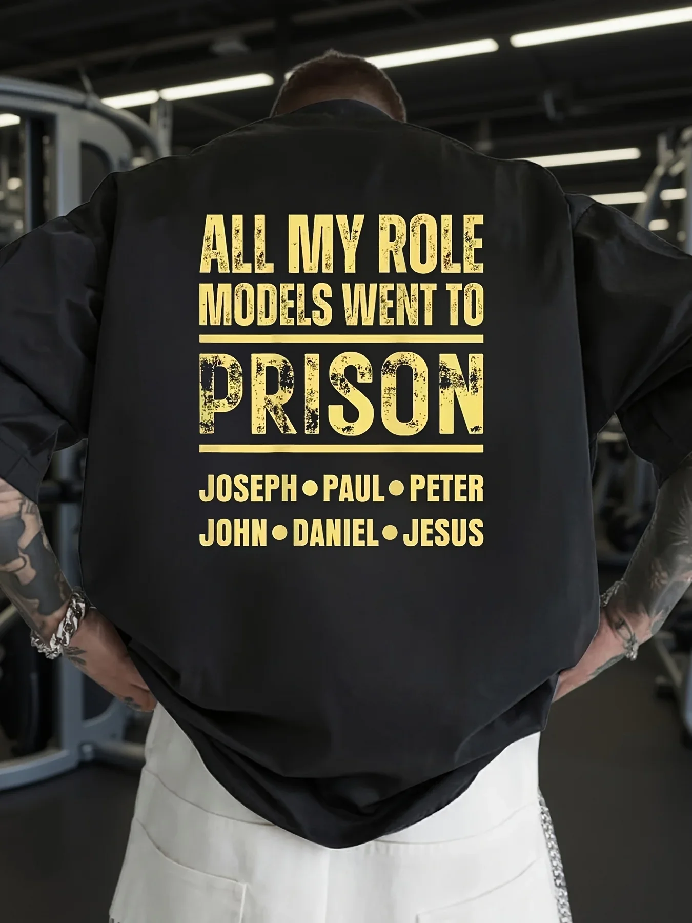 Unisex Crew Neck T-ShirtBold Statement Black Shirt with Yellow Text ALL MY ROLE MODELS WENT to PRISON Featuring Unique Names Eye Catching Trendy Gym Wear Ideal for Fitness Enthusiasts Crew Neck Short Sleeve Breat Same Style for Men and Unisex 2026