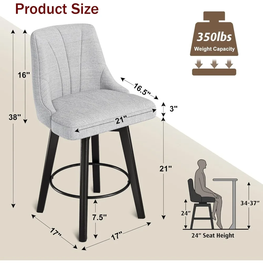 Obrotowy stołek barowy na ladę, 24-calowe stołki barowe z tapicerowanej tkaniny, zestaw 4 sztuk, krzesło na ladę z oparciem i nogami z litego drewna