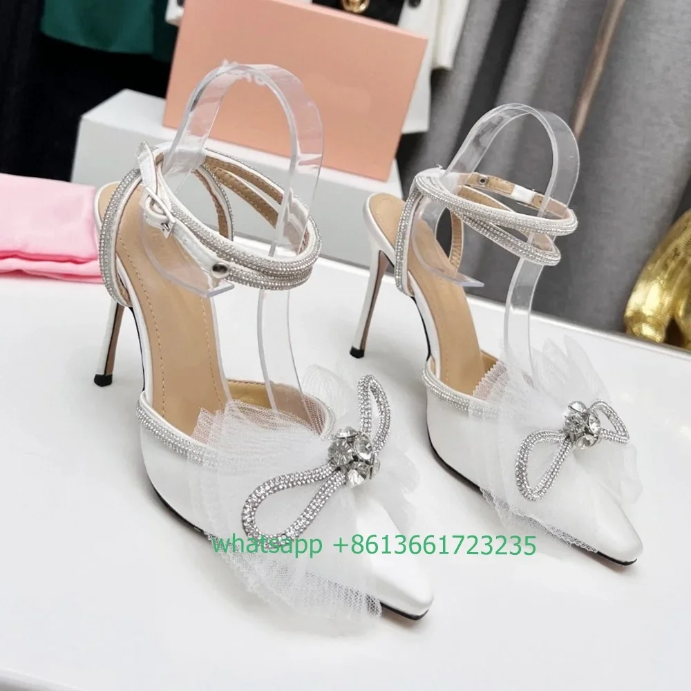 

Mesh Cloth Crystal Butterfly Knot Sandals Stiletto Heel Pointed Toe High Heels Black/white/pink Satin Rhinestone Shiny Sandals