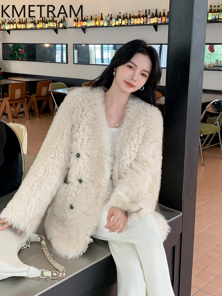 100% Natuurlijke Toscaanse Wol Schapenvacht Dubbelzijdig Bont Jas Vrouw V-hals Korte Echte Bontjas Vrouwen Winter Kleding Fourrure 2025