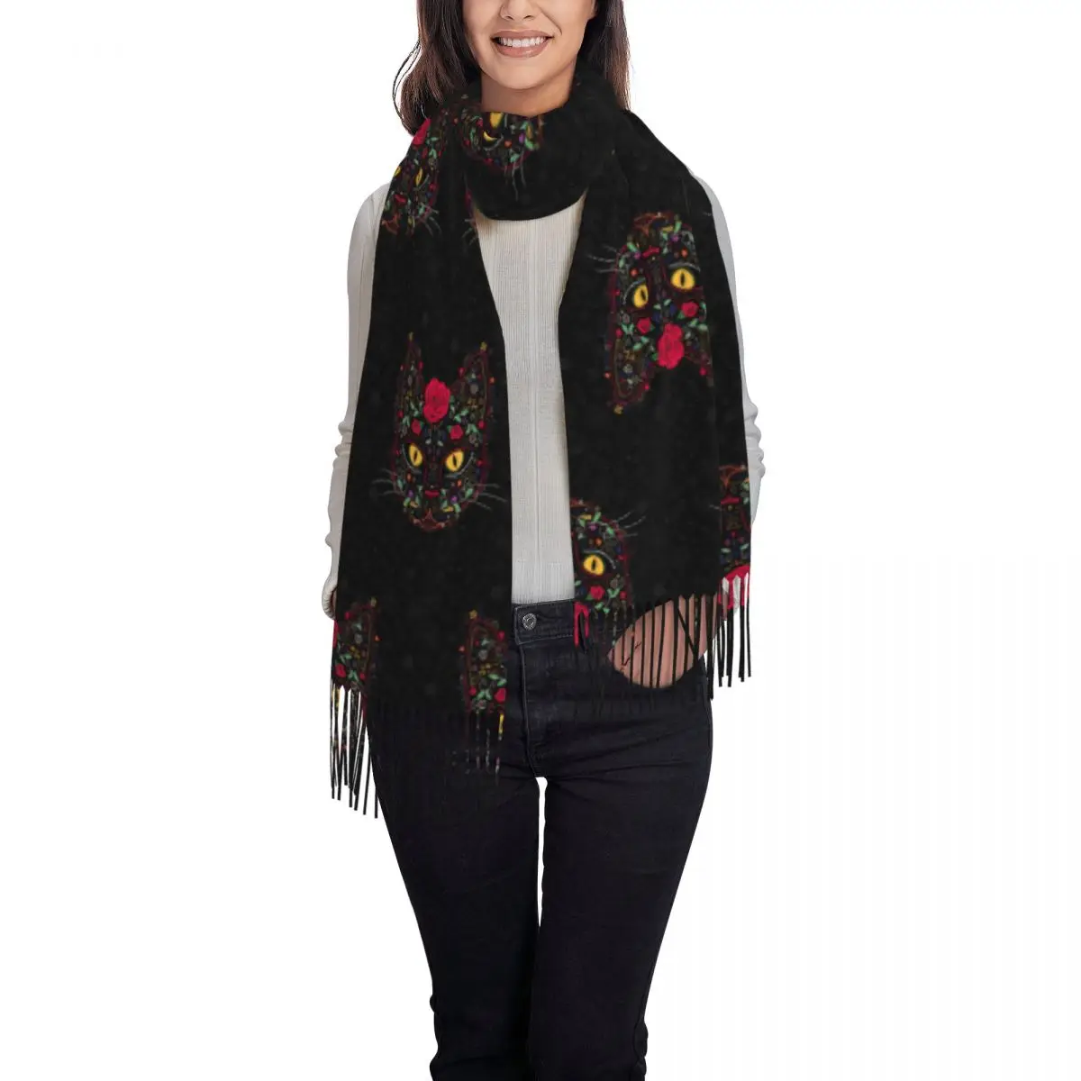 Customized Printed Day Of The Dead Kitten Cat Sugar Skull Scarf  Winter Fall Scarves Mexican Halloween Floral Shawl Wrap