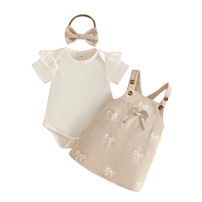 3Pcs Baby Girl Outfit Set Ruffle Short Sleeve Bodysuit Bow Embroidery Suspender Skirt Headband 0-24 Months Toddler Girl Clothes