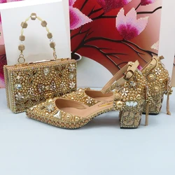 Luksusowe szampańskie buty ślubne ze złotym kryształem pasujące torby moda damska gruby obcas damskie buty imprezowe buty ze szpiczastym noskiem