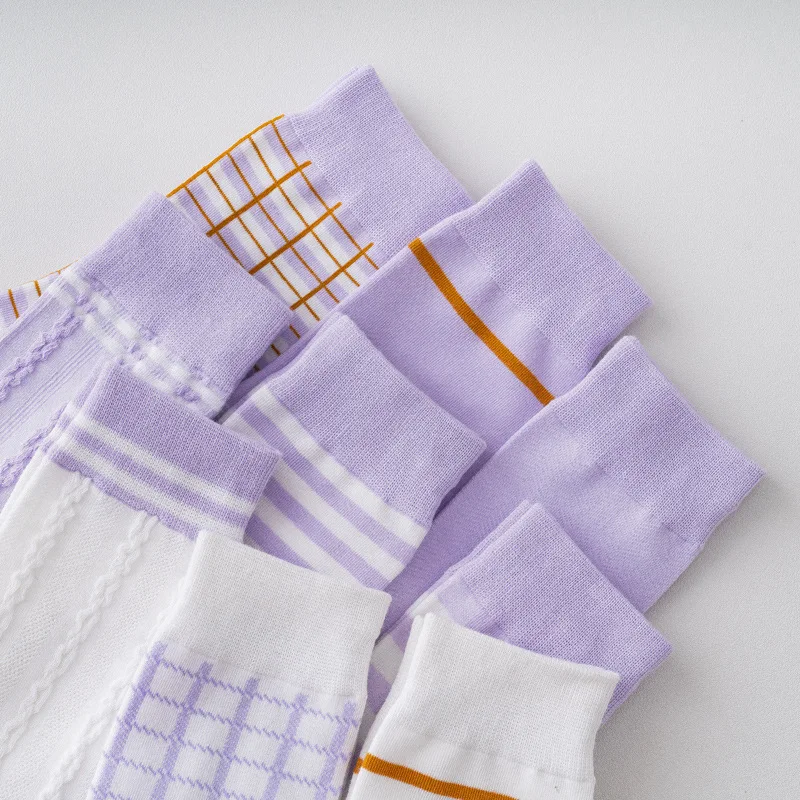 Spring Japan Korea Harajuku Kawaii Cute Socks Women Stripe Lattice Purple Middle Tube Socks Comfortable Breathable Happy Socks