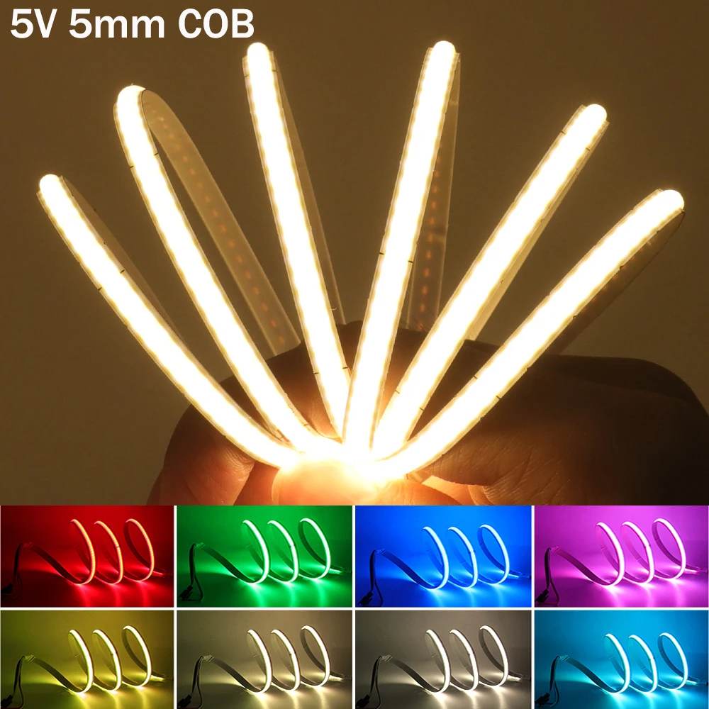 5V USB COB LED Strip Light 3mm 5mm 8mm Flexible LED Tape 320LEDs High Density Linear Light White/Warm/Natural/Red/Blue/Green/Ice