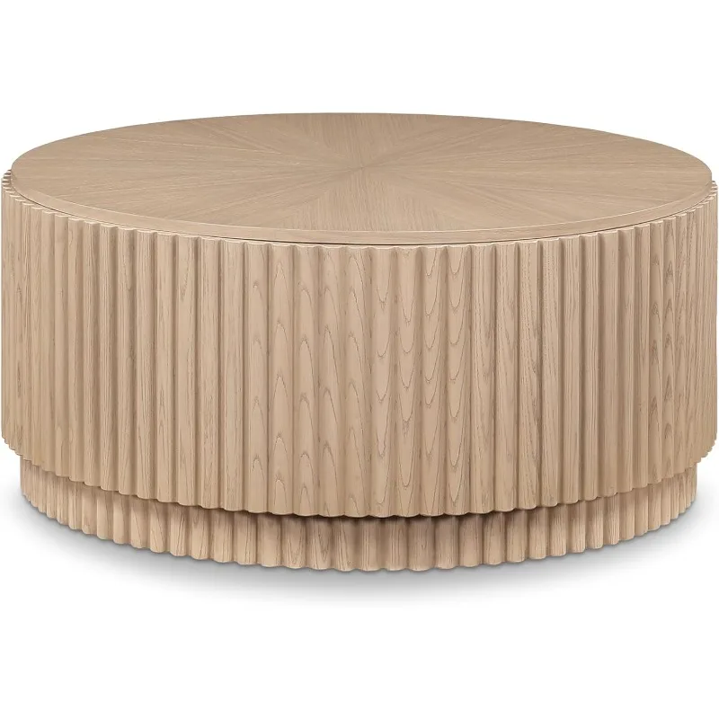 Collection Mid-Century Modern Coffee Table with Rich Natural Finish, Mix of Solid Wood & MDF with Oak Veneer, Fluted Wood,