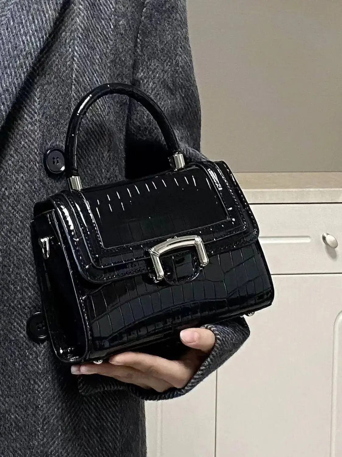 Bloom Retro Black Messenger Women High Street Crocodile Handle Chic Leather Y2k Bag Female Vintage Square Crossbody Bags
