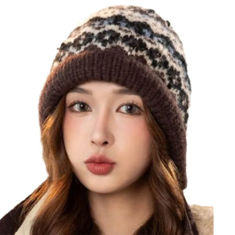 Ethnic Style Striped Splicing Knitted Wool Hat Autumn and Winter Women\'s Thickened Warm and Cold Ear Protector Pullover Hat