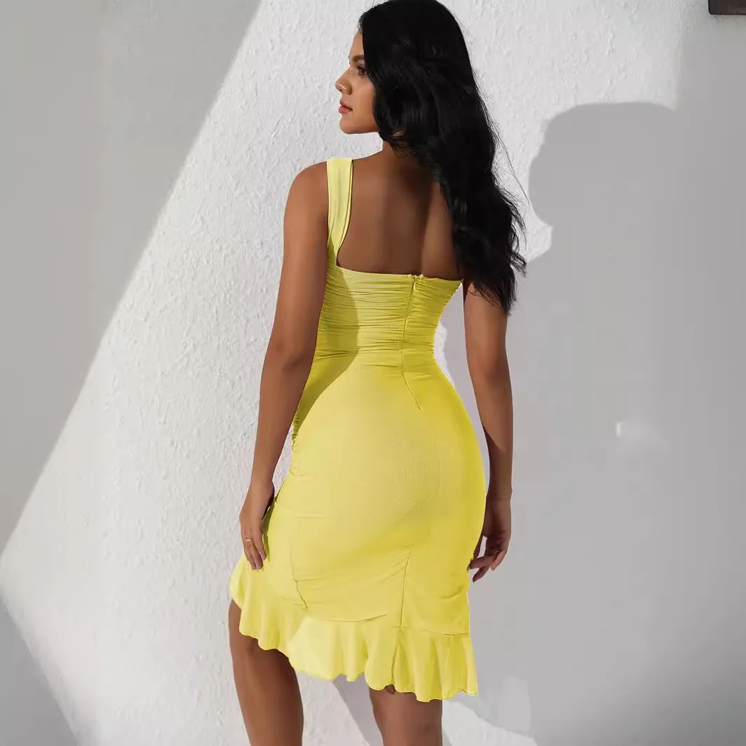 فستان ميدي جديد لربيع وصيف 2025 برقبة دائرية بدون أكمام للنساء على الموضة الأكثر مبيعًا فستان ميدي ضيق بدون ظهر