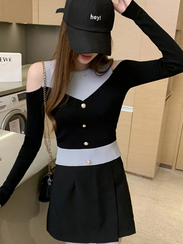 LJSXLS Fake Two Patchwork Knitted Sweater Women Autumn Slim Sexy Off Shoulder Sweaters Cropped Pullover 2022 Winter Woman Jumper