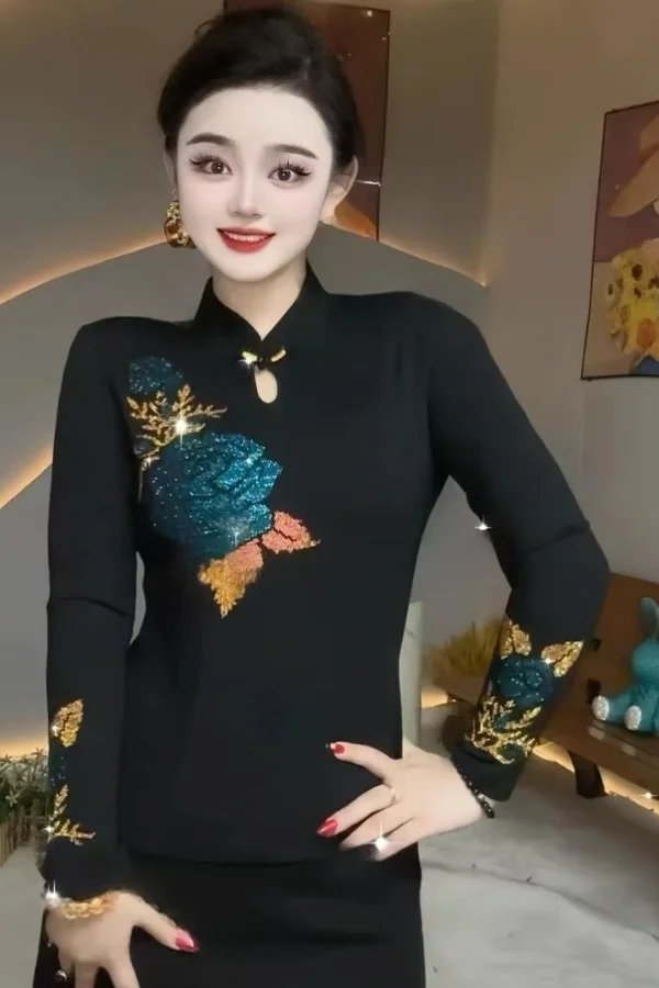 

Chinese Style Slimming Base Layer Embellished Vintage T-Shirt Stylish Blouse Slim Fit Women