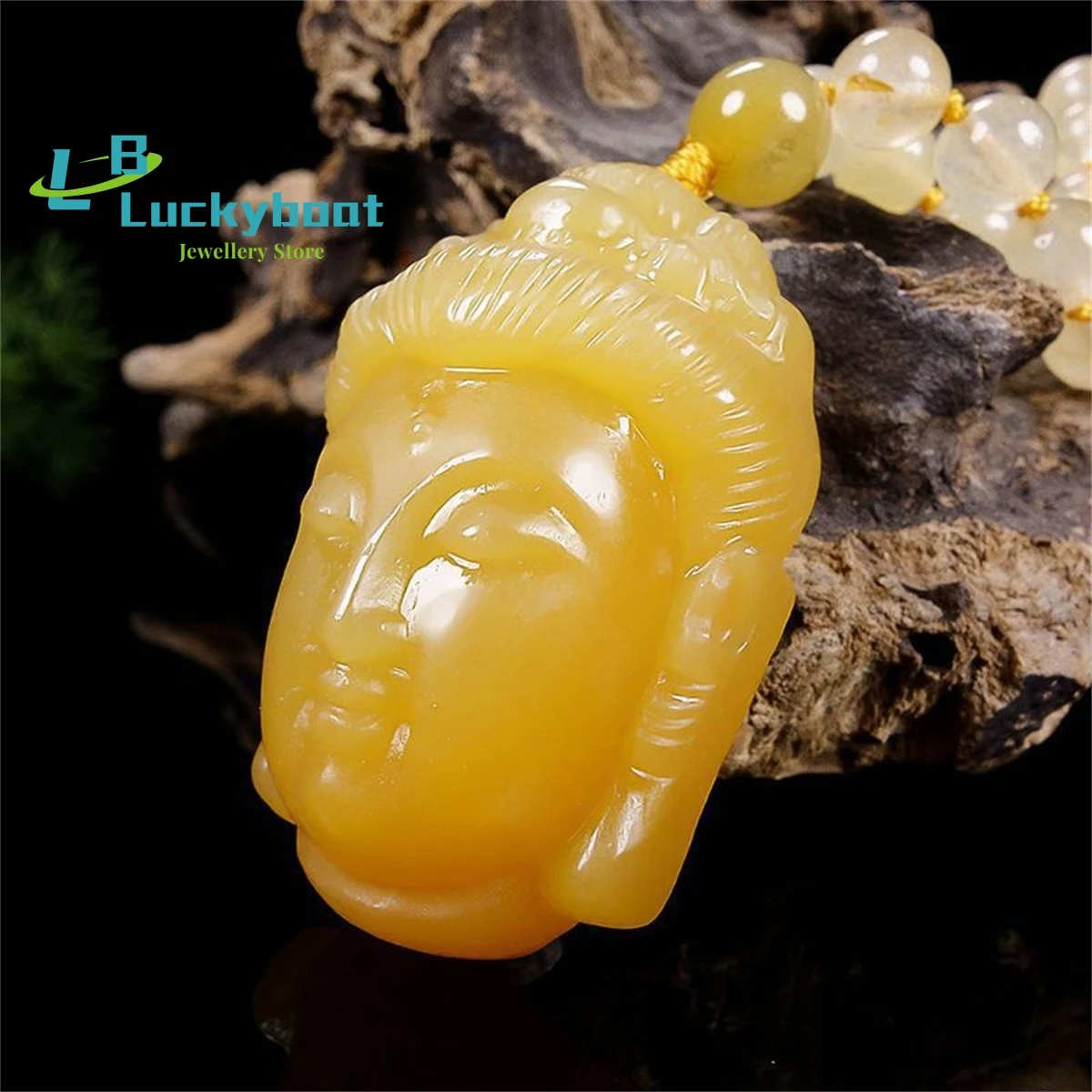 Natural Xinjiang Hotan Golden Silk Jade 3D Guanyin Pendant Chicken Oil Yellow Bodhisattva Head Necklace Men's and Women's Gift