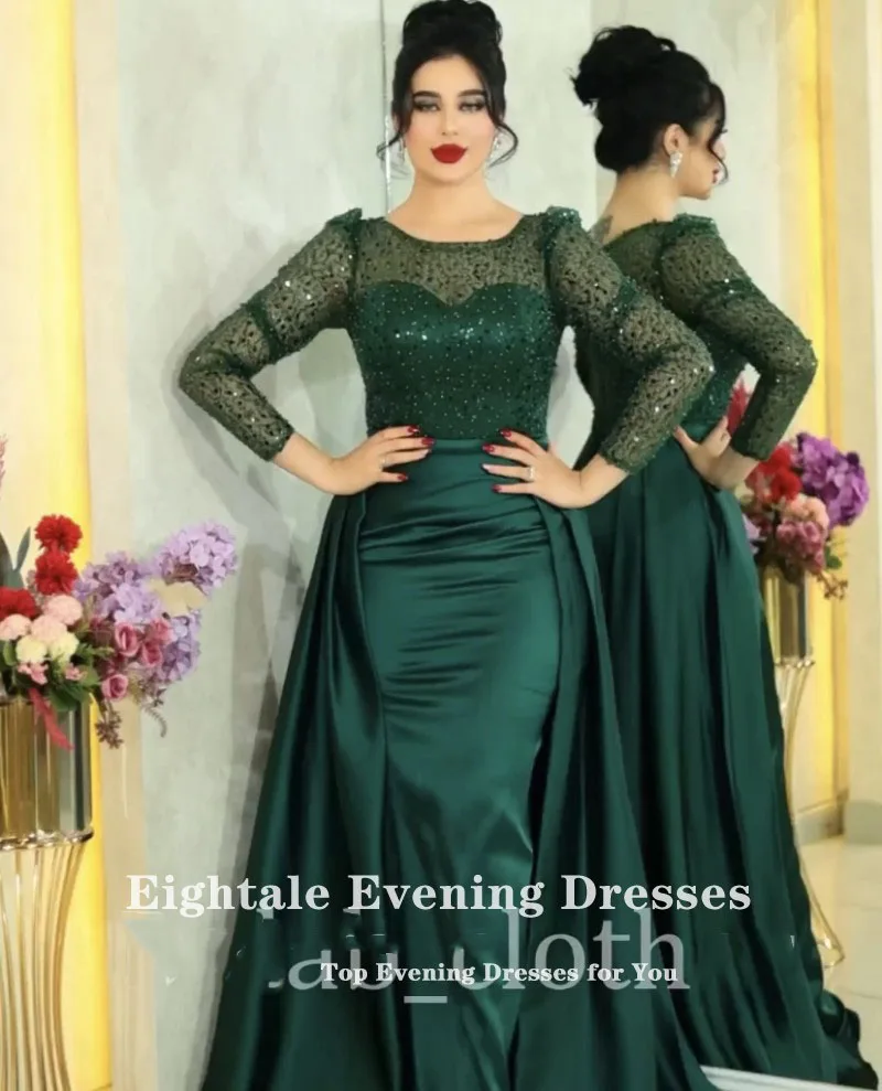 Eightale Luxury Evening Dress with Detachable Skirt Satin Customized Dark Green Mermaid Prom Party Gowns robe de soirée femme