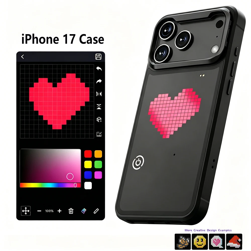 Smart LED Pixel Case for iPhone 17 Series, DIY Custom Animation & Music Rhythm Light, Anti-Drop Stand Cover, Rechargeable Batter