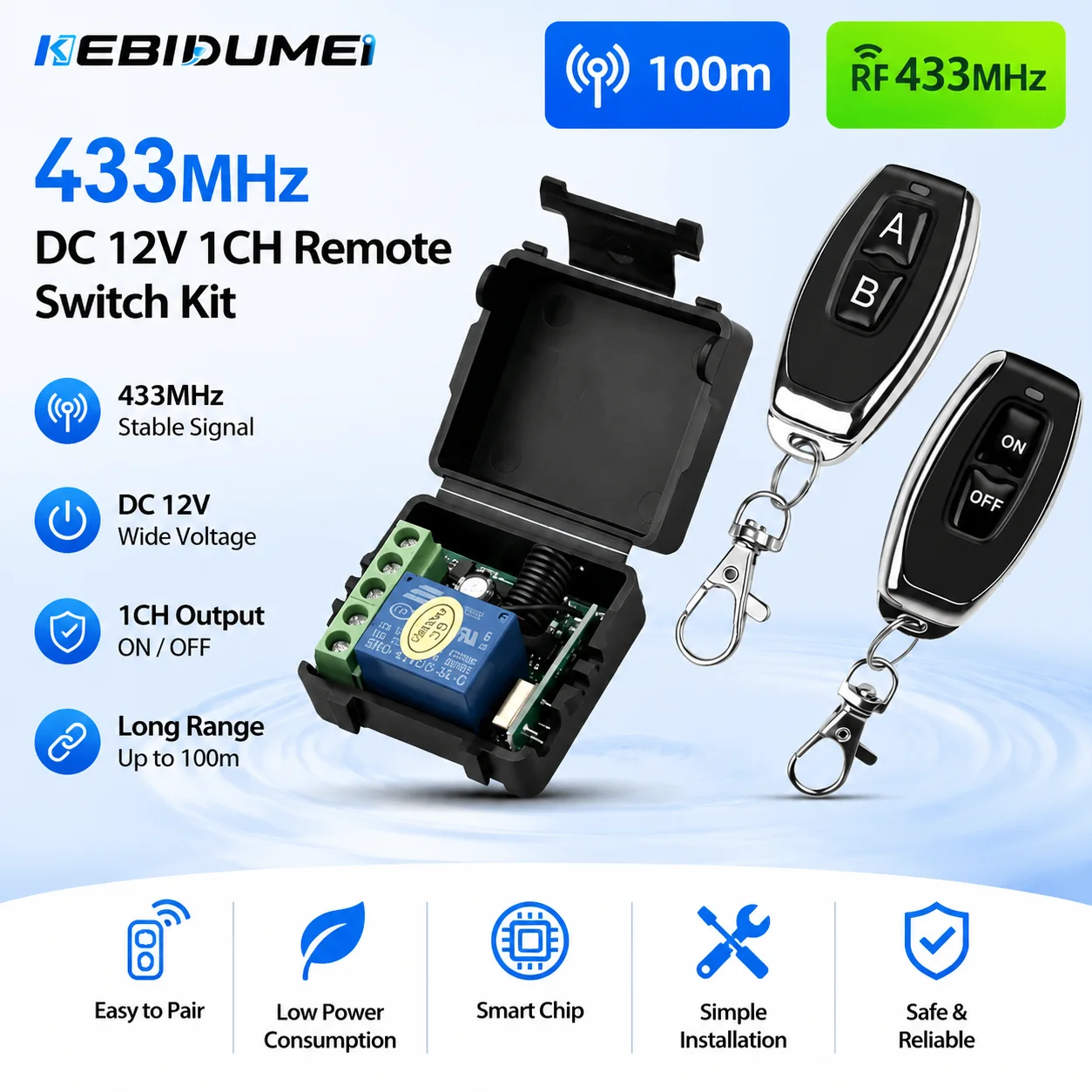 KEBIDUMEI DC 12V 433Mhz RF Drahtloser Fernbedienungsschalter Relais 1-Kanal Empfängermodul für LED-Tür Elektromagnetisches Schloss Smart Home – Detail 1