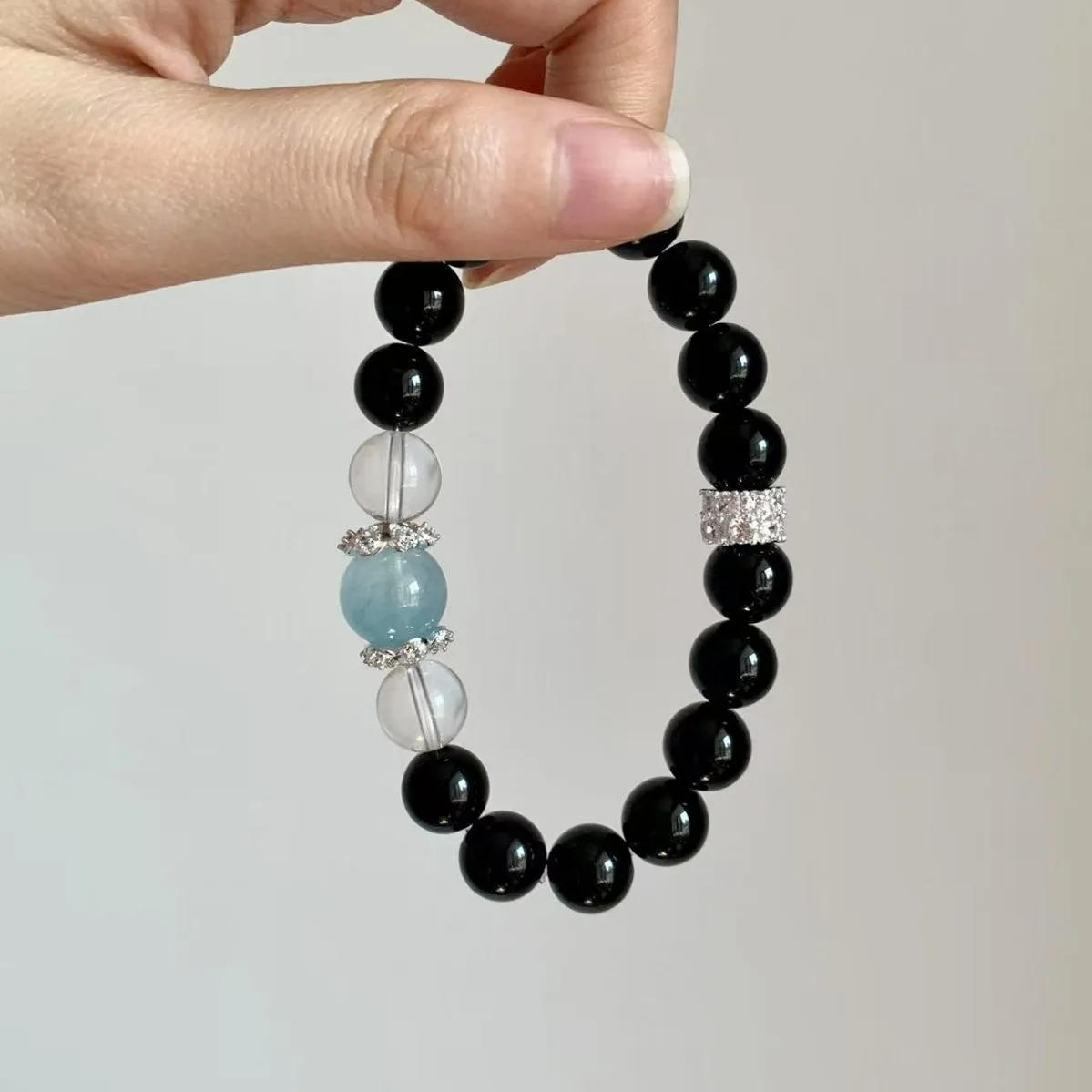 

Natural Obsidian Plus Aquamarine Crystal Bracelet, Retro Ethnic Style Couple Crystal Bracelet.