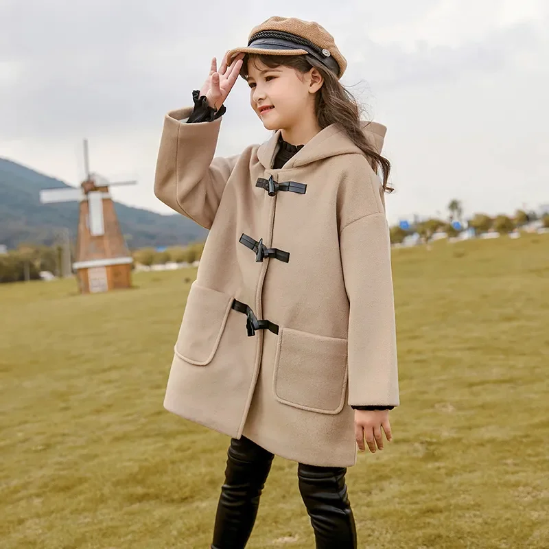 3-14Y of Teens Girls' Woolen Jacket Coat Autumn 2023 New Kids Children's Hooded Fake Fur Winter Wool Cotton Blends Outwear