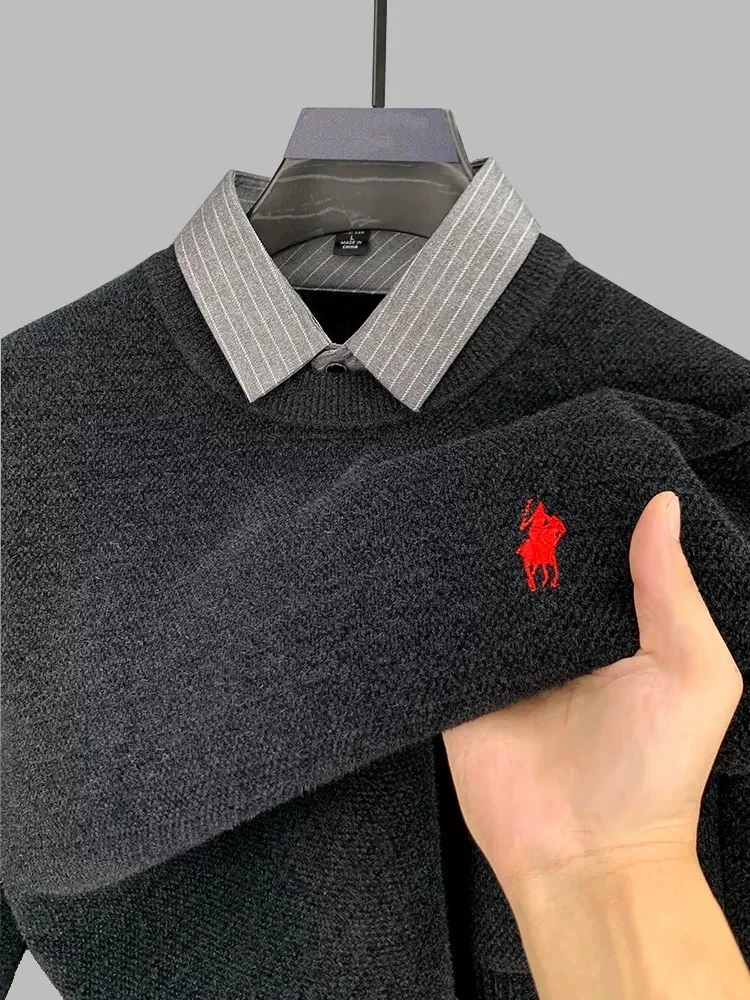 شخصية وهمية قطعتين الرجال محبوك سترة فاخرة مصمم العلامة التجارية بول المهر التطريز الأزياء مخطط قميص طوق السترة