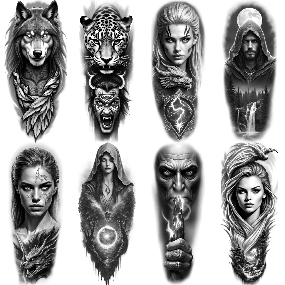 

3pcs Temporary Tattoo Dragon Black And Grey Realism Jaguar Moon Waterproof Long-lasting Body Stickers Wolf For Women Men