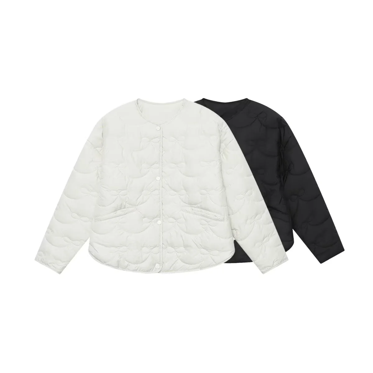 

2025 autumn new women's casual fashion simple round neck long sleeve light cotton coat bow quilted jacket
