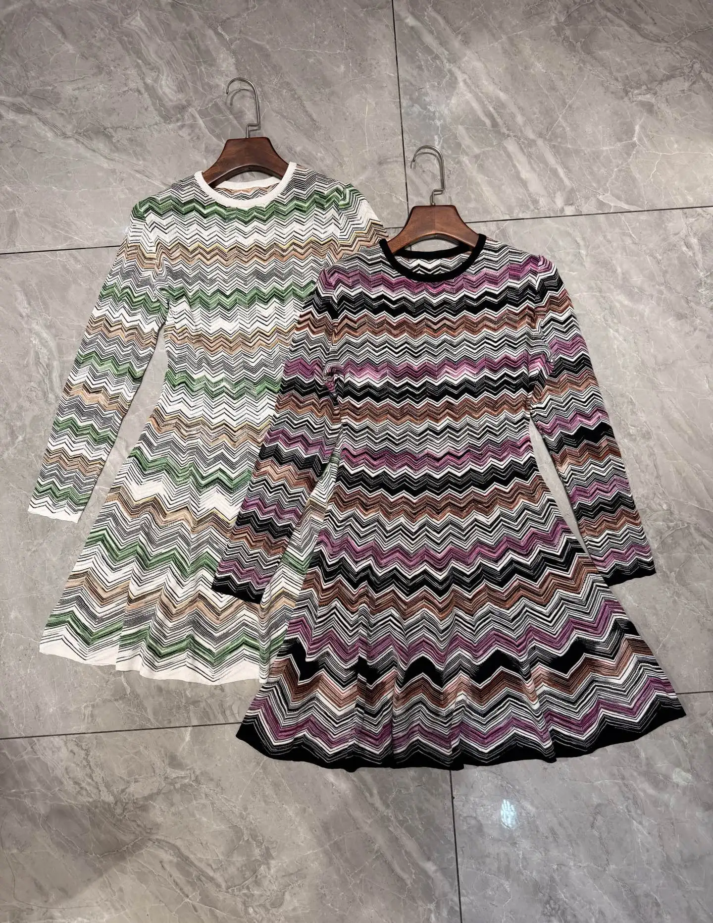 

Colorful Striped Women Knitted Dress Autumn 2025 Round Neck Long Sleeve Vintage Slim Mini Robe